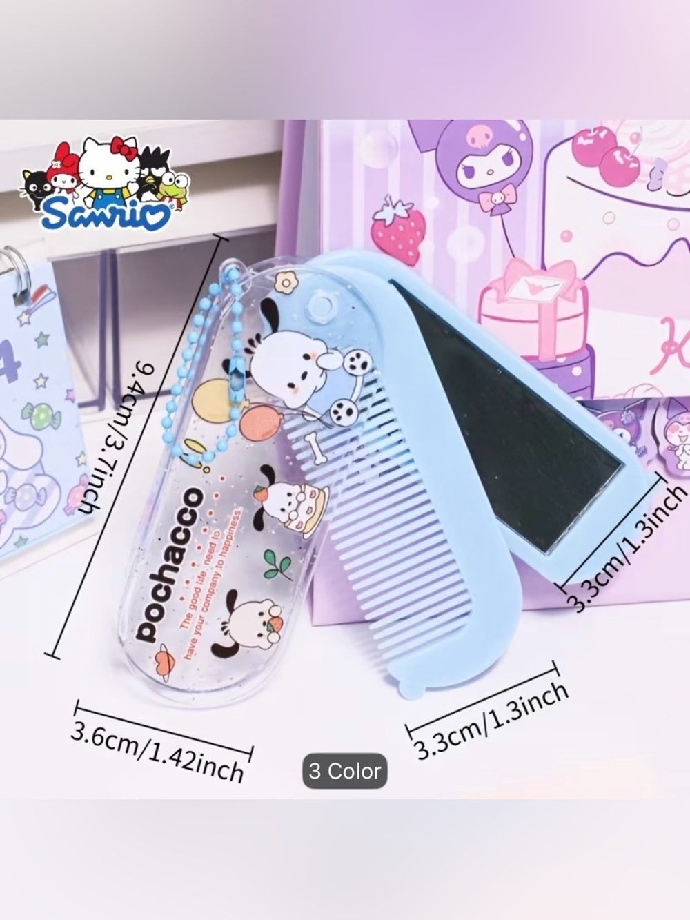 🔖 Pochacco Kids Blue Folding Comb and Mirror Set